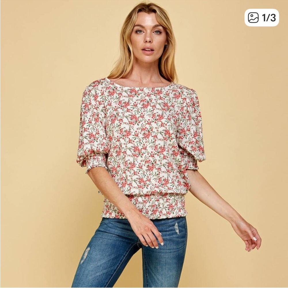 NWT- Les Amis Coral Floral Smocked Top